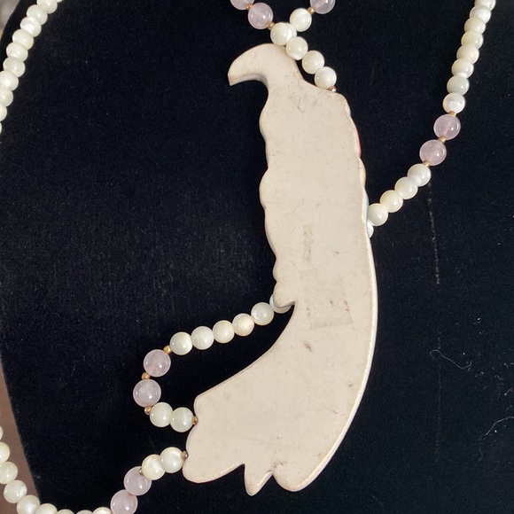 Vintage Karla Jordan Mother of Pearl Inlay Quartz Parrott Necklace - Picture 6 of 9